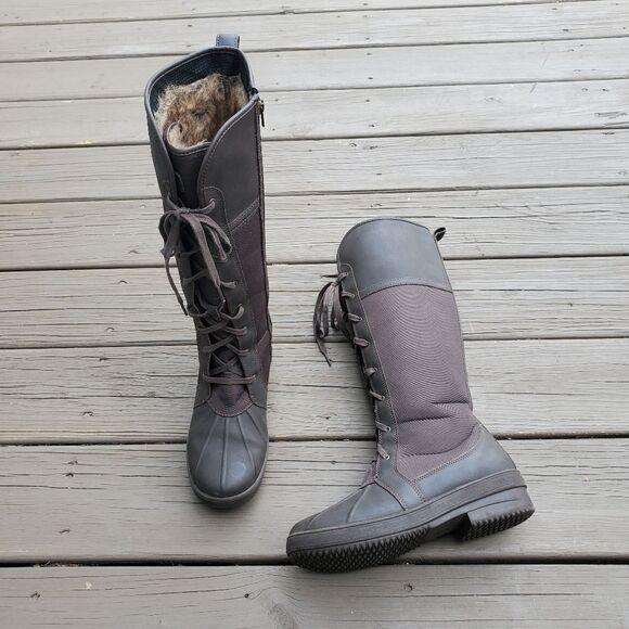 Clarks Carima Pluma Brown Canvas Leather Faux Fur Lined Waterproof Duck Boots - Picture 1 of 8